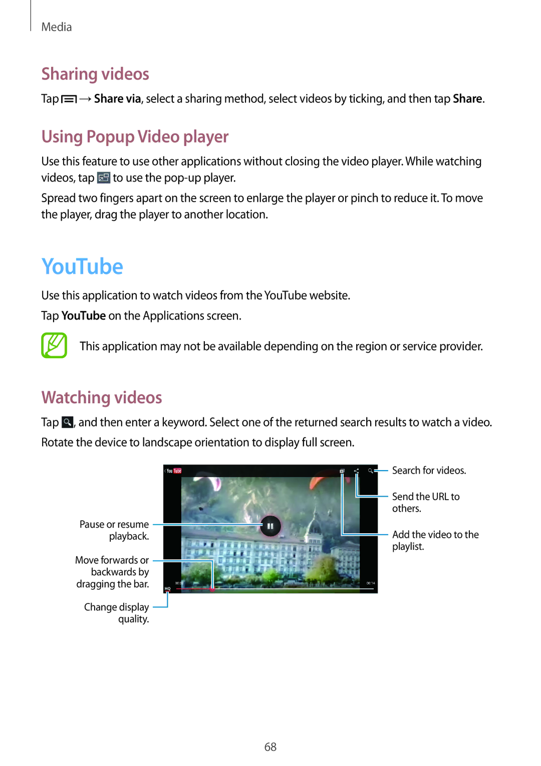 Samsung SM-T310 user manual YouTube, Sharing videos, Using Popup Video player, Watching videos 