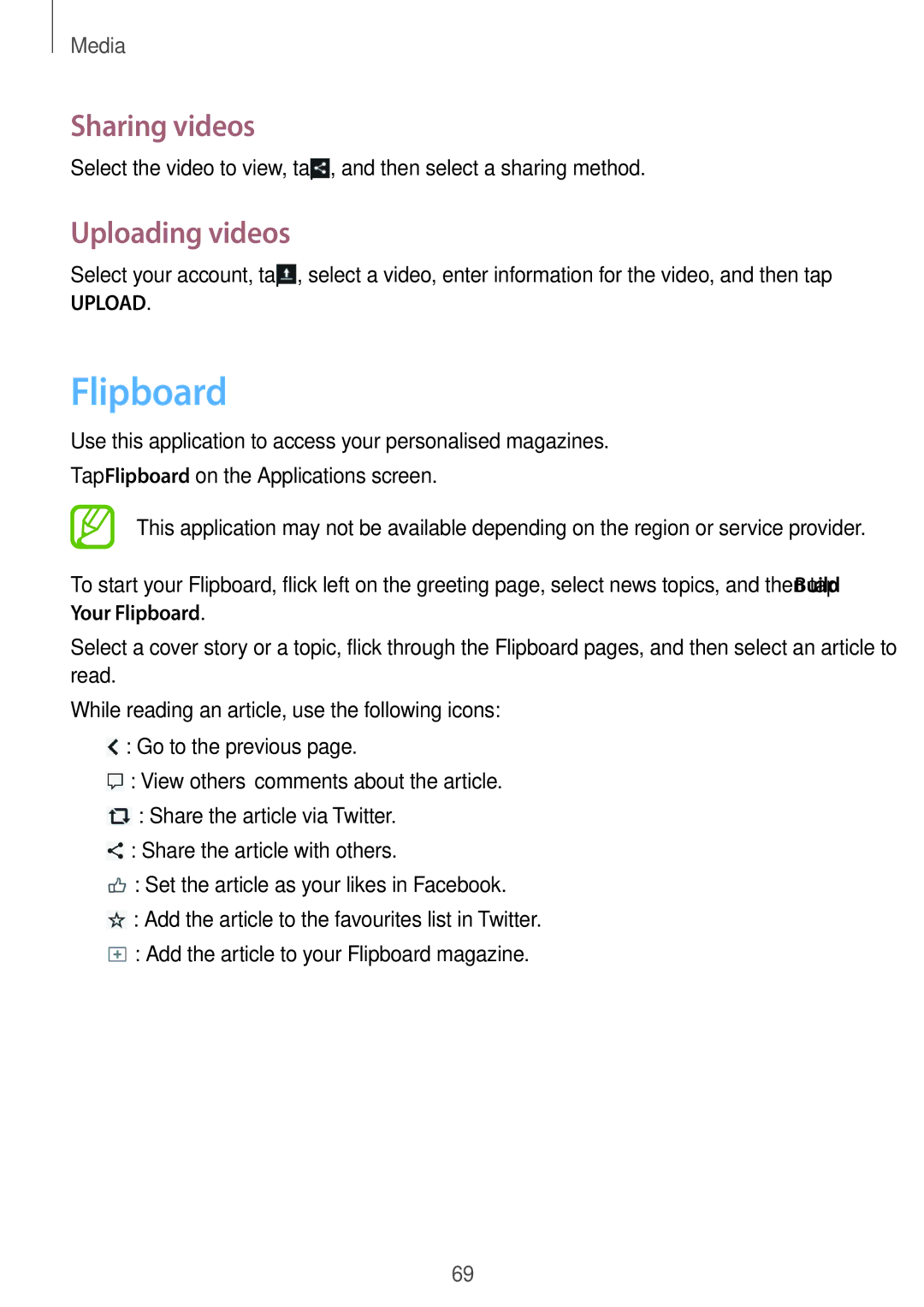 Samsung SM-T310 user manual Flipboard, Uploading videos 