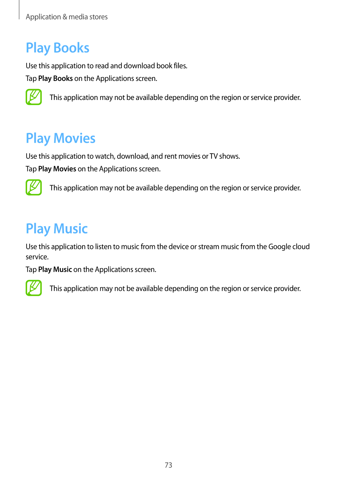 Samsung SM-T310 user manual Play Books, Play Movies, Play Music 