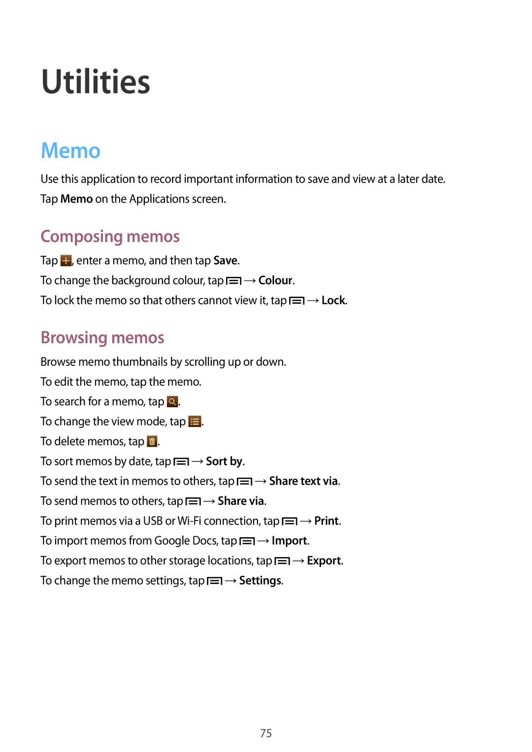 Samsung SM-T310 user manual Utilities, Memo, Composing memos, Browsing memos 