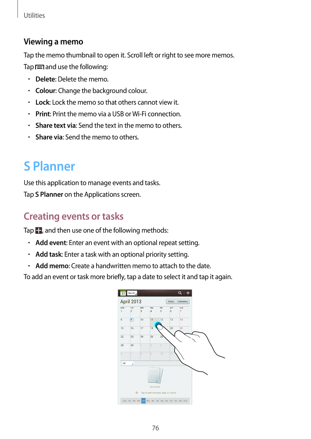 Samsung SM-T310 user manual Planner, Creating events or tasks, Viewing a memo 