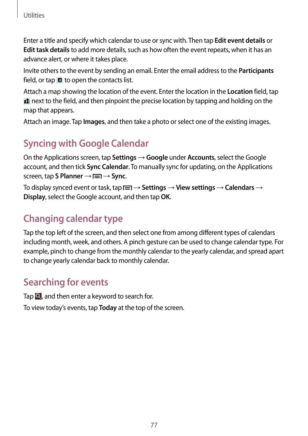 Samsung SM-T310 user manual Syncing with Google Calendar, Changing calendar type, Searching for events 