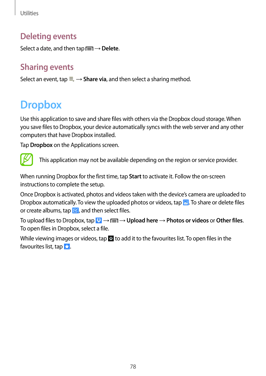 Samsung SM-T310 user manual Dropbox, Deleting events, Sharing events 