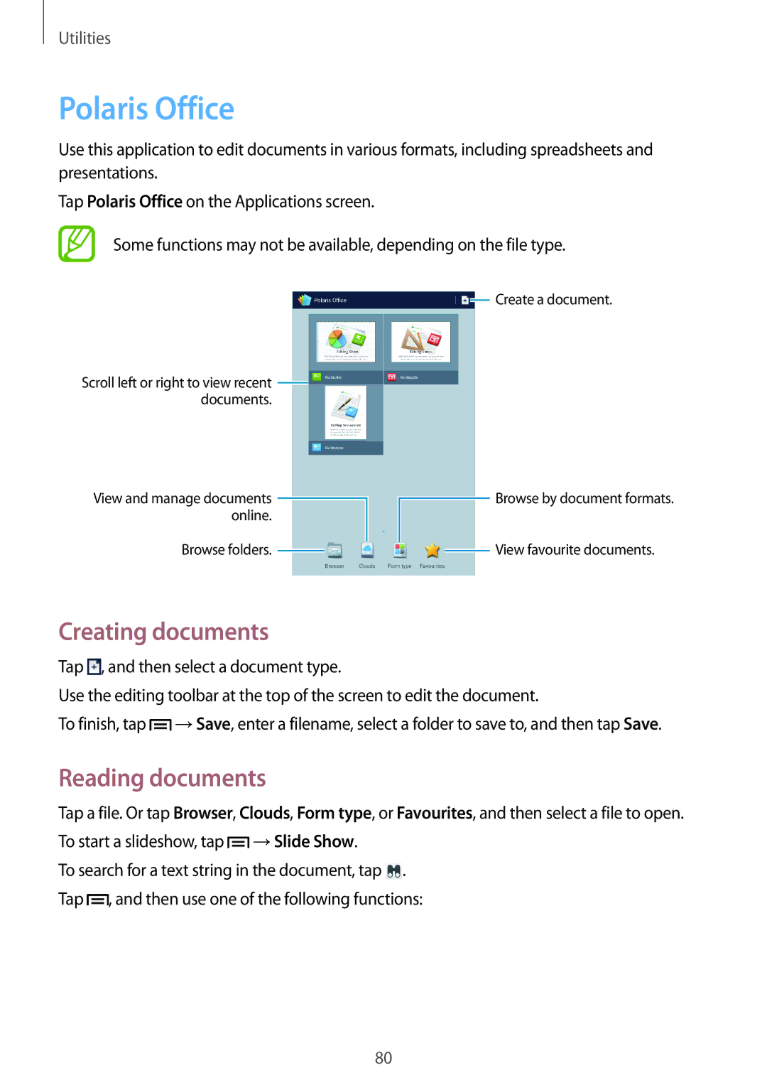 Samsung SM-T310 user manual Polaris Office, Creating documents, Reading documents 