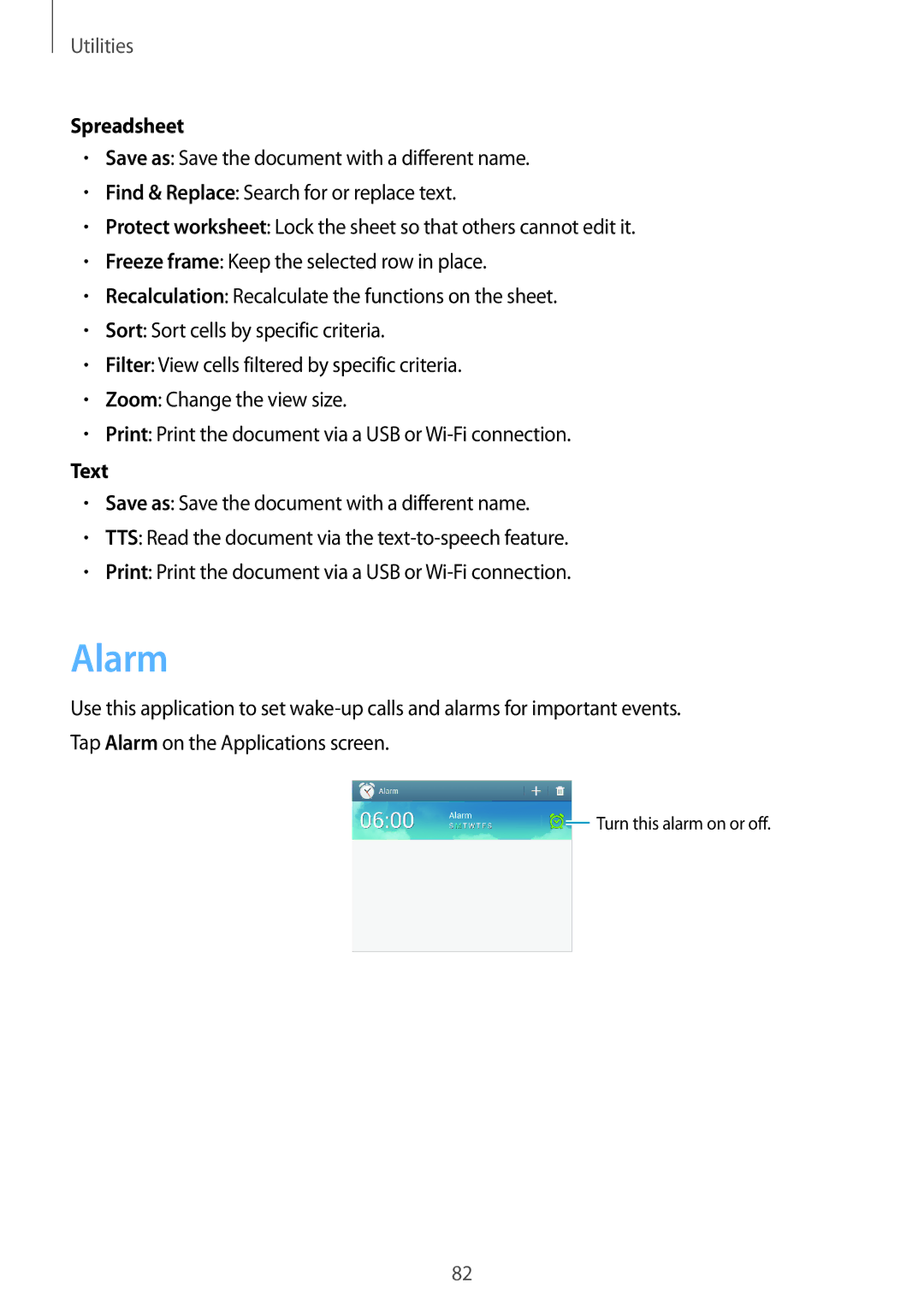 Samsung SM-T310 user manual Alarm, Spreadsheet, Text 