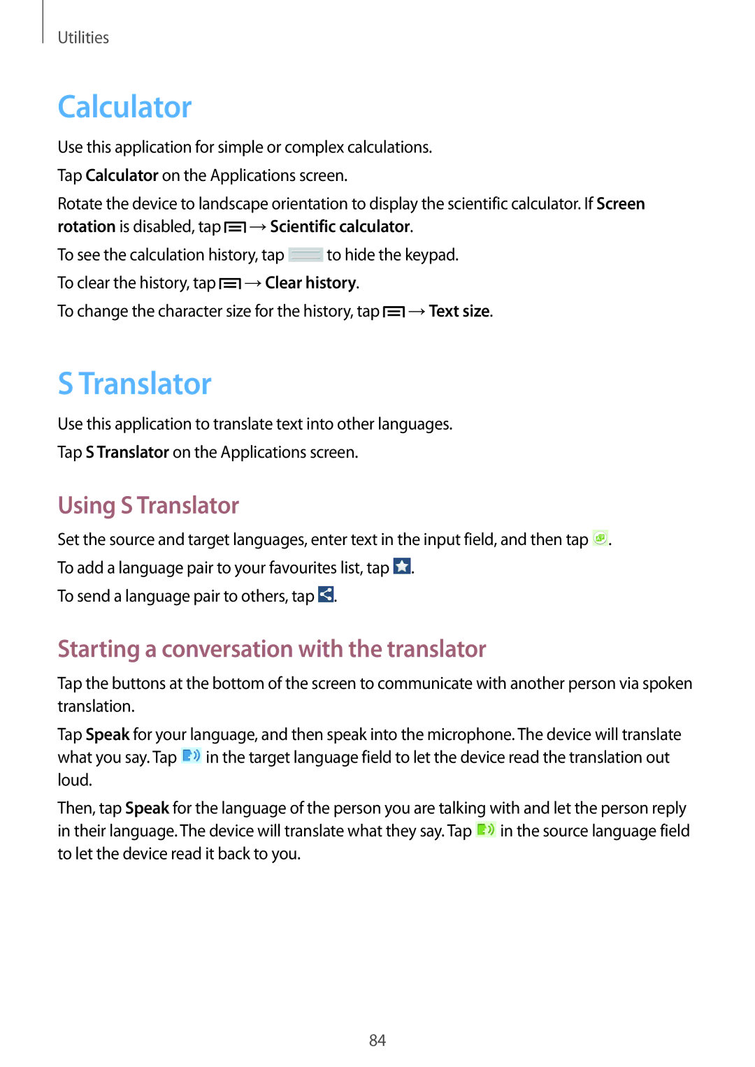 Samsung SM-T310 user manual Calculator, Using S Translator, Starting a conversation with the translator 