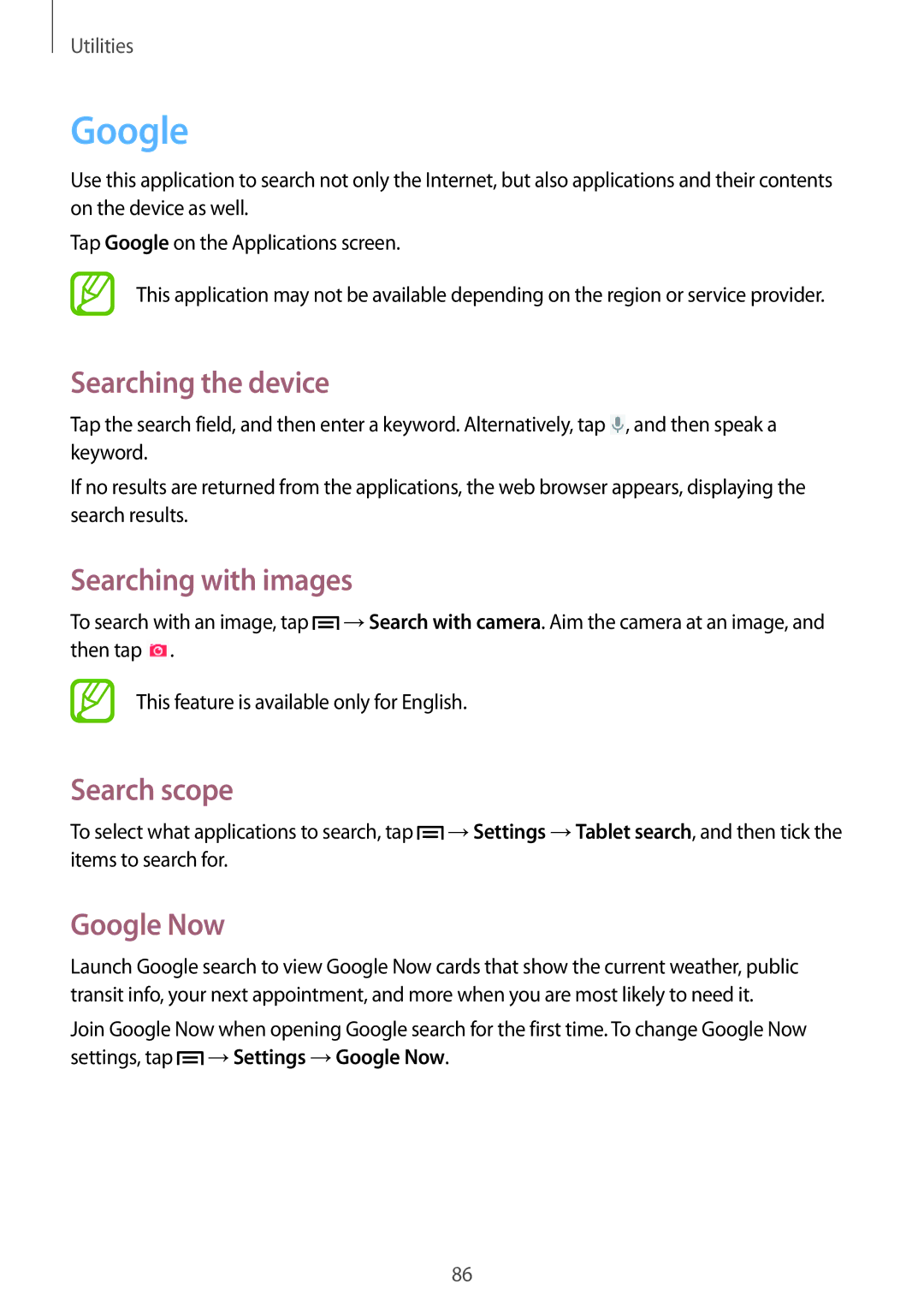 Samsung SM-T310 user manual Searching the device, Searching with images, Search scope, Google Now 