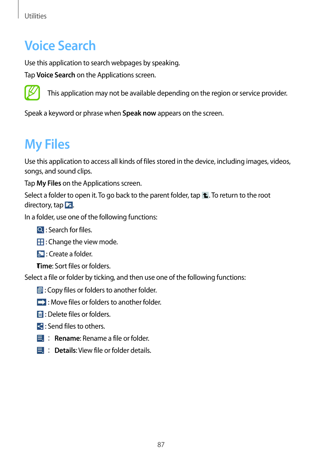 Samsung SM-T310 user manual Voice Search, My Files 