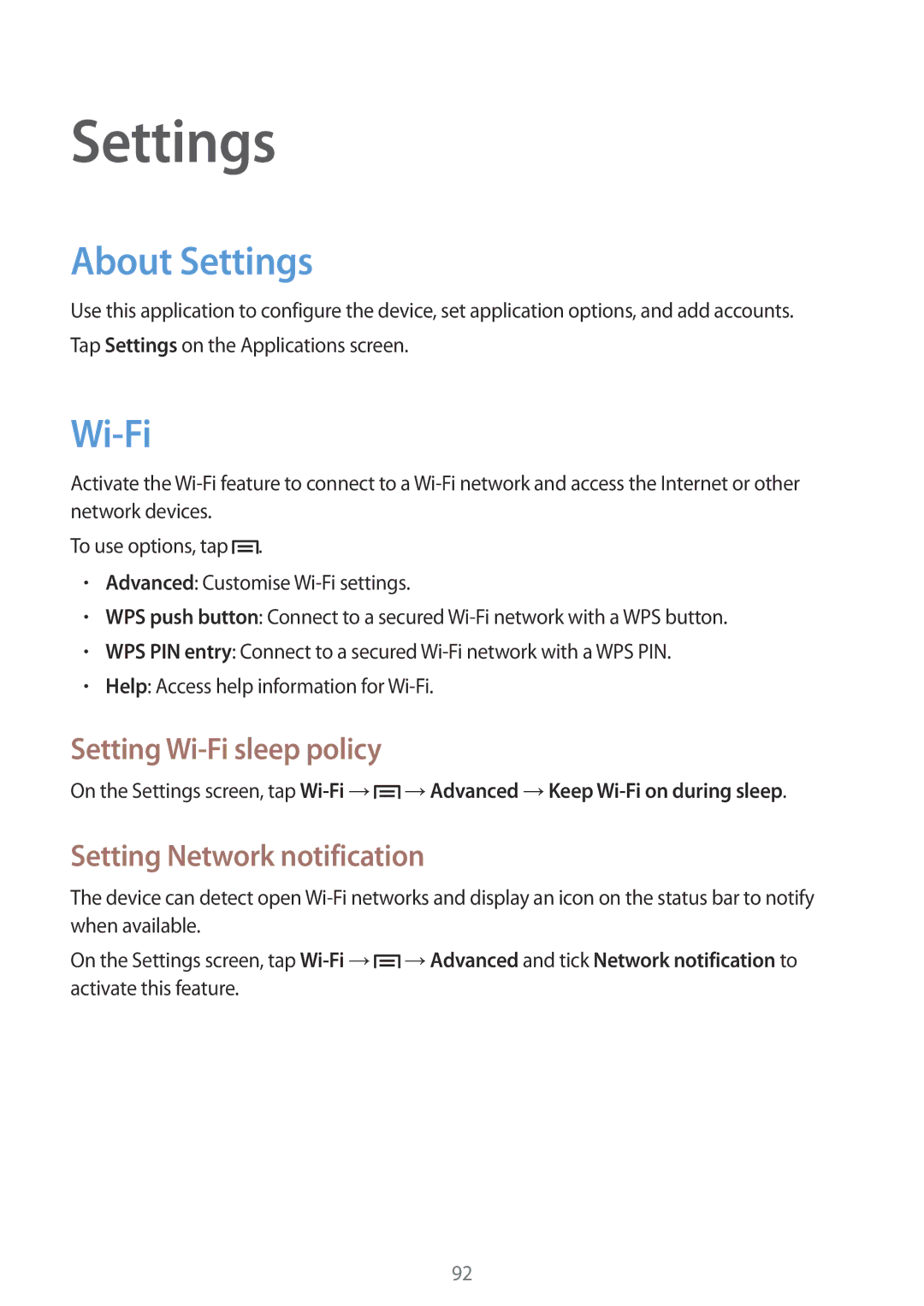 Samsung SM-T310 user manual About Settings, Setting Wi-Fi sleep policy, Setting Network notification 