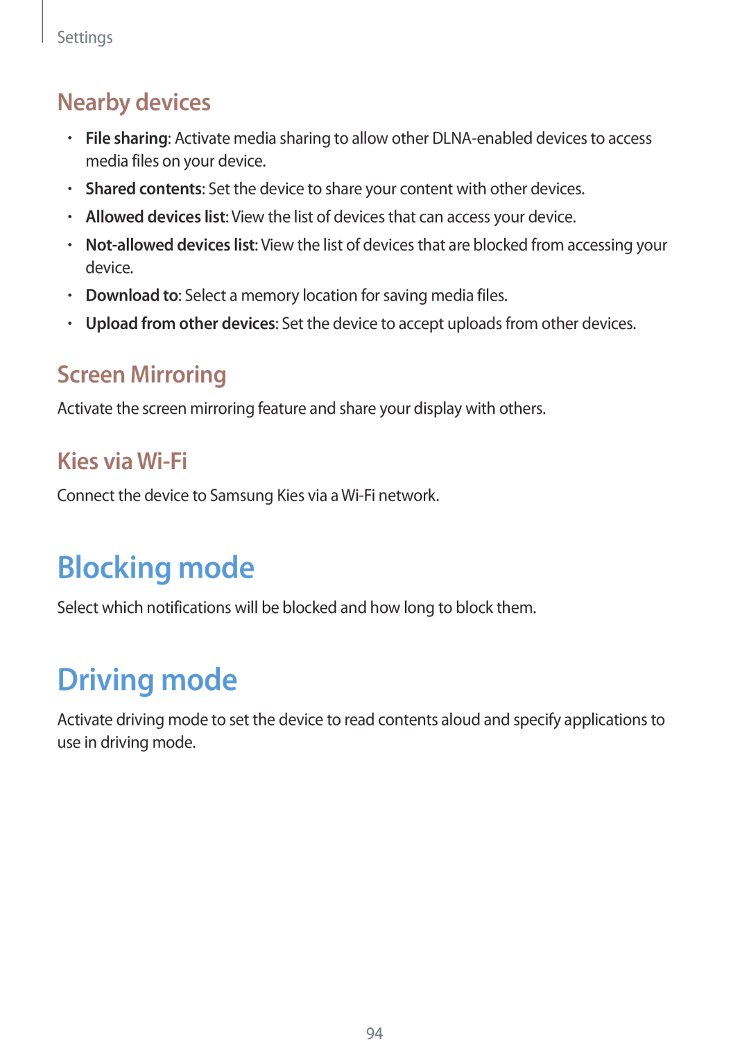 Samsung SM-T310 user manual Blocking mode, Driving mode, Nearby devices, Screen Mirroring, Kies via Wi-Fi 