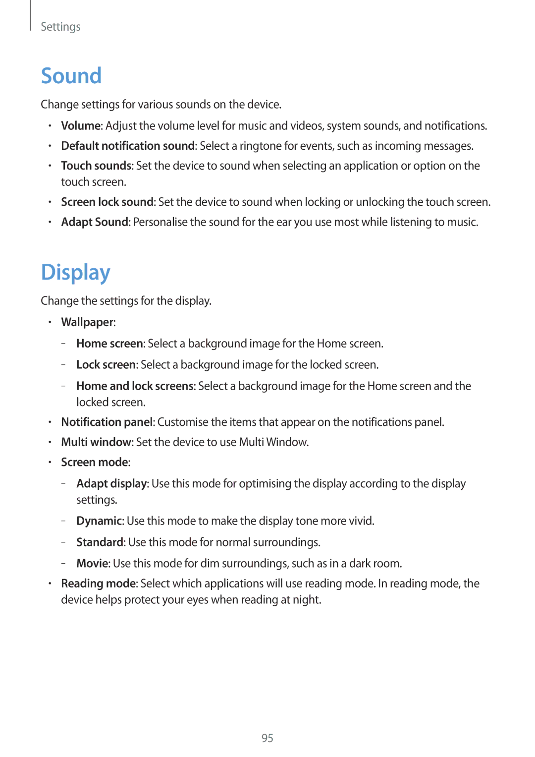 Samsung SM-T310 user manual Sound, Display, Wallpaper, Screen mode 