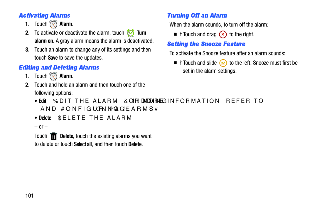 Samsung GTP5210ZWYXAR Activating Alarms, Editing and Deleting Alarms, Turning Off an Alarm, Setting the Snooze Feature 