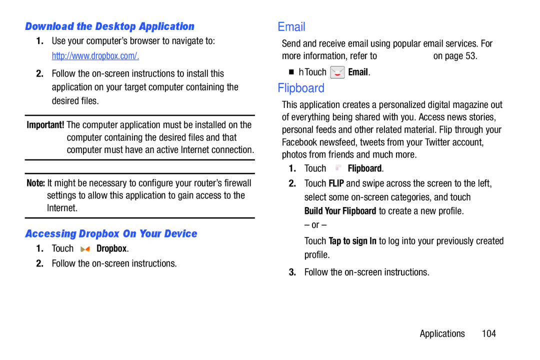 Samsung GT P5210ZWYXAR Flipboard, Download the Desktop Application, Accessing Dropbox On Your Device, Touch Dropbox 