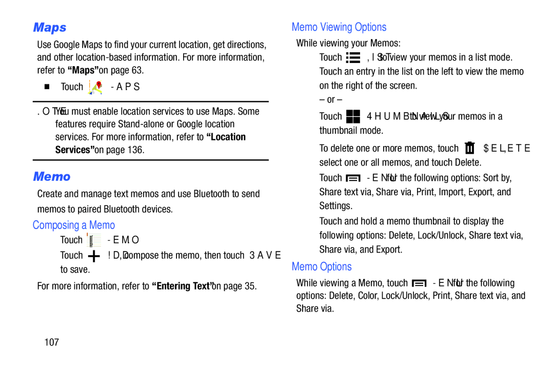 Samsung SM T3100GNYXAR, GTP5210GNYXAR, GTP5210ZWYXAR Composing a Memo, Memo Viewing Options, Memo Options,  Touch Maps 