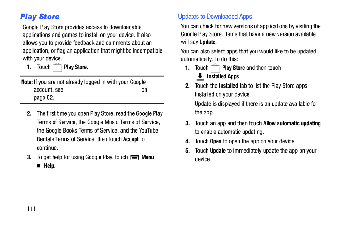 Samsung GT-P5210, SM T3100GNYXAR, GTP5210GNYXAR user manual Updates to Downloaded Apps, Touch Play Store, Installed Apps 