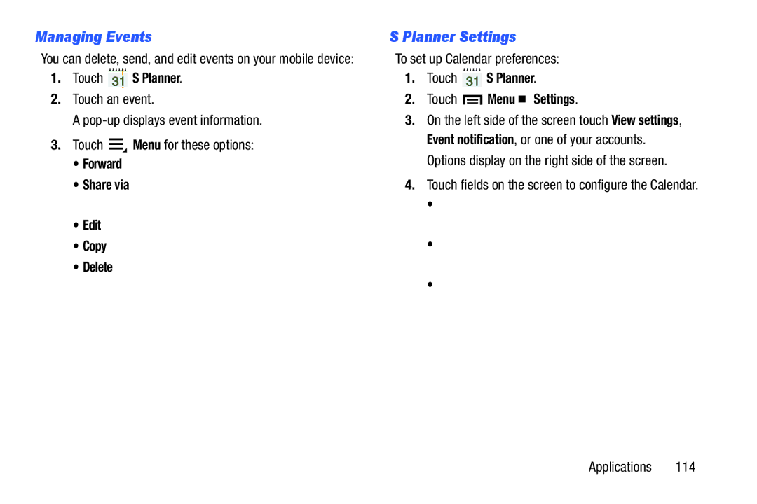 Samsung 3 10.1 Gold-Brown, GT-P5210 Managing Events, Planner Settings, Edit Edit the task, To set up Calendar preferences 