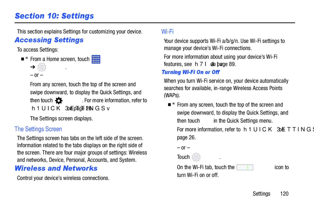 Samsung GT P5210ZWYXAR, GT-P5210 Accessing Settings, Wireless and Networks, Settings Screen, Turning Wi-Fi On or Off 