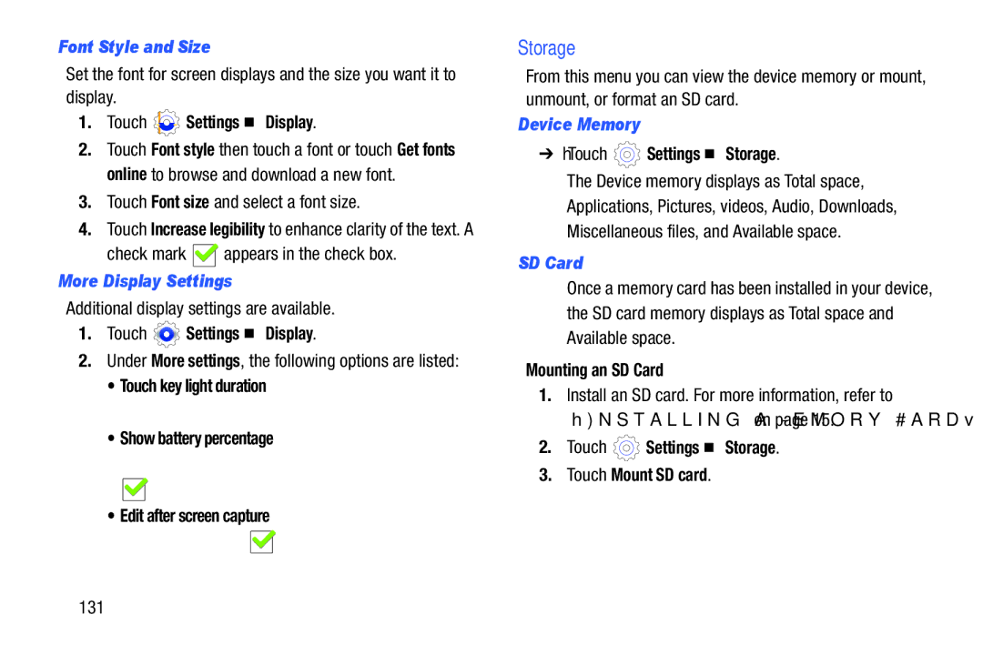 Samsung SM T3100GNYXAR, GTP5210GNYXAR, GT-P5210 Storage, Font Style and Size, More Display Settings, Device Memory, SD Card 