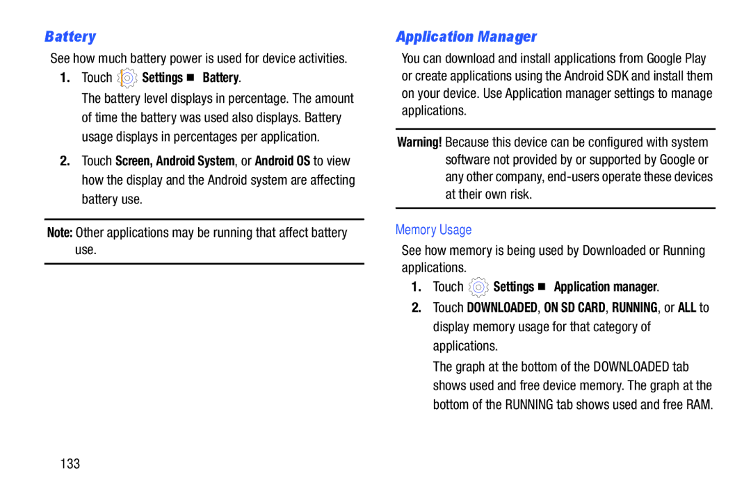 Samsung GTP5210ZWYXAR, SM T3100GNYXAR, GTP5210GNYXAR Application Manager, Touch Settings Battery, Memory Usage, 133 