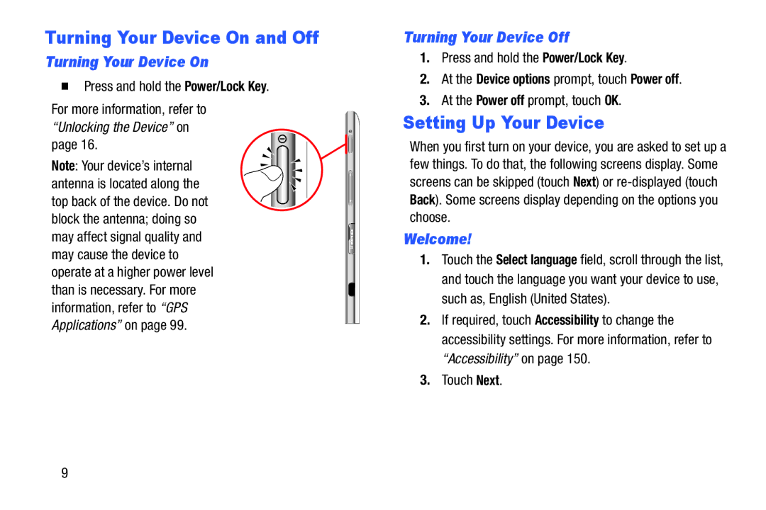 Samsung 3 10.1 White, GT-P5210 Turning Your Device On and Off, Setting Up Your Device, Turning Your Device Off, Welcome 