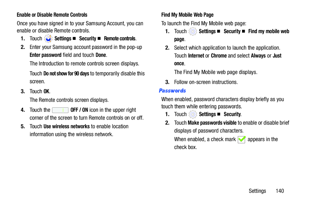 Samsung GTP5210GNYXAR Enable or Disable Remote Controls, Find My Mobile Web, Touch Settings Security Find my mobile web 