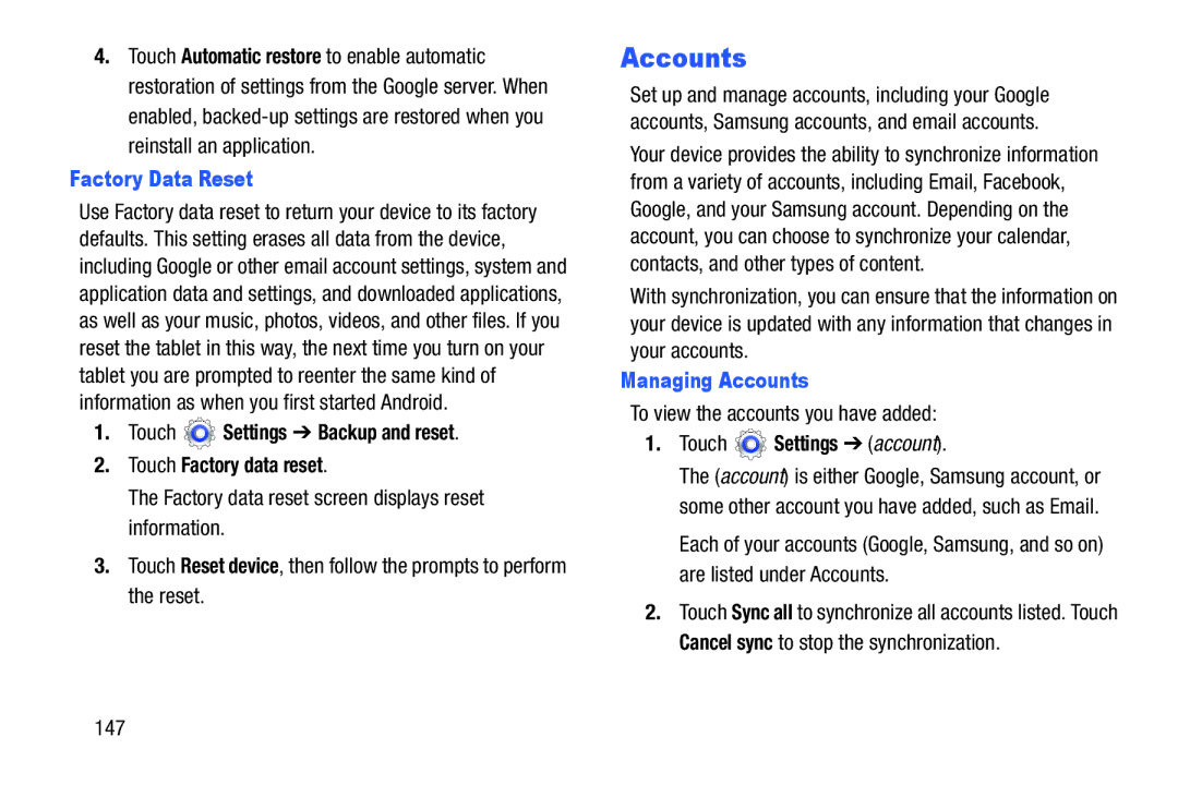 Samsung SM T3100GNYXAR Factory Data Reset, Touch Settings Backup and reset Touch Factory data reset, Managing Accounts 