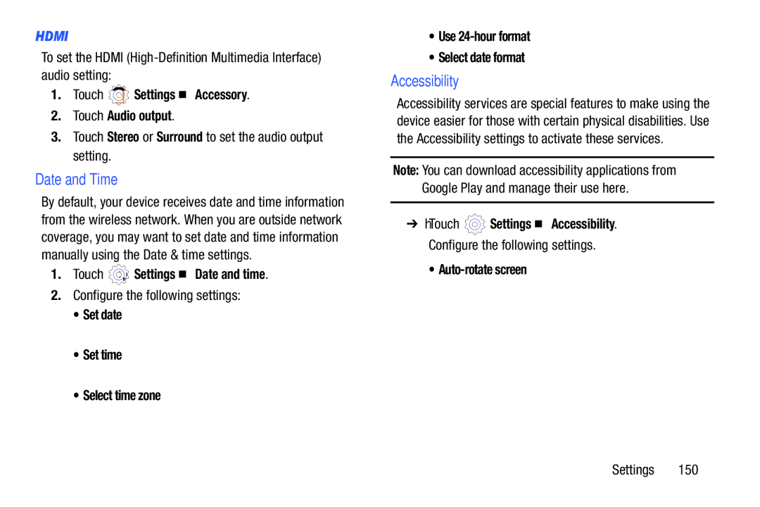 Samsung GT-P5210GNYXAR user manual Accessibility, Touch Settings Accessory Touch Audio output, Touch Settings Date and time 