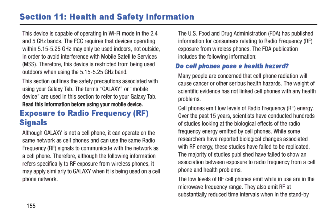 Samsung SM T3100GNYXAR, GTP5210GNYXAR, GT-P5210 Health and Safety Information, Exposure to Radio Frequency RF Signals, 155 