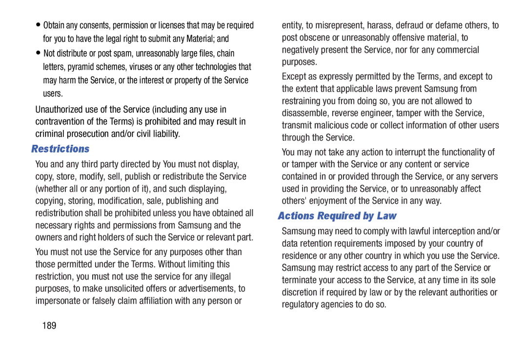 Samsung GTP5210ZWYXAR, SM T3100GNYXAR, GTP5210GNYXAR, GT-P5210GNYXAR, 3 10.1 White Restrictions, Actions Required by Law, 189 