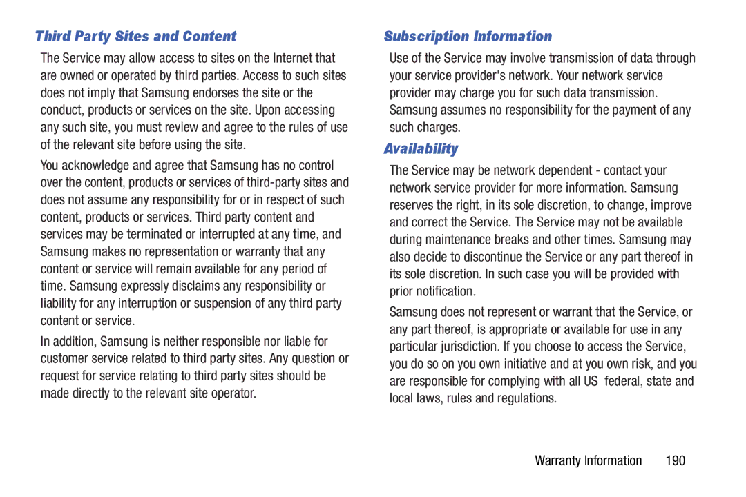 Samsung GT-P5210GNYXAR, SM T3100GNYXAR Third Party Sites and Content, Subscription Information, Availability, 190 