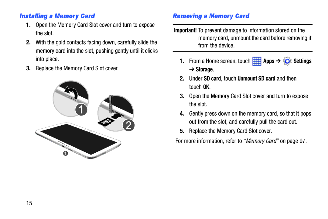 Samsung GT-P5210, SM T3100GNYXAR, GTP5210GNYXAR, GTP5210ZWYXAR, 3 10.1 White Installing a Memory Card, Removing a Memory Card 