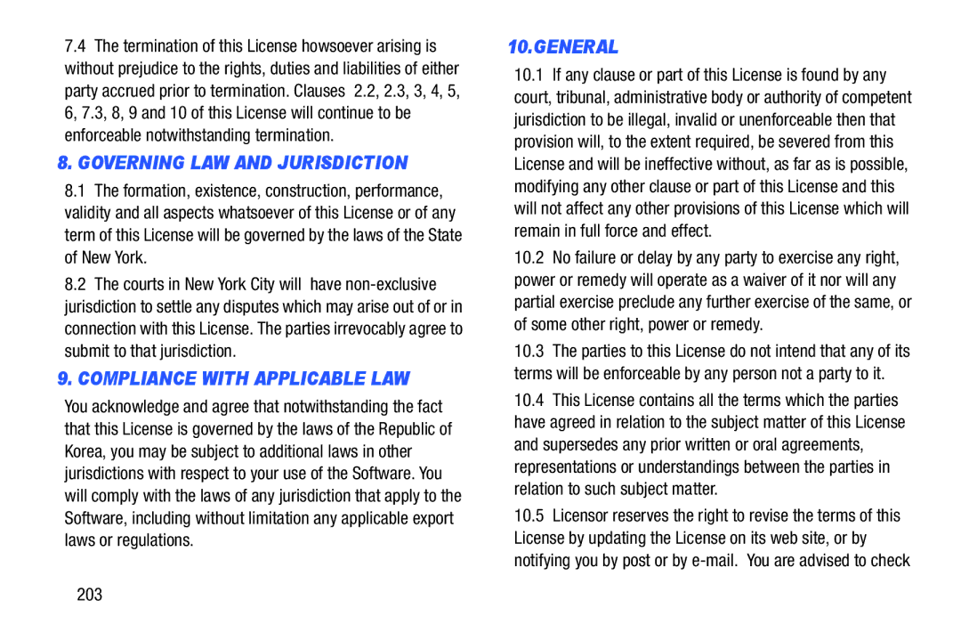 Samsung SM T3100GNYXAR, GTP5210GNYXAR, GTP5210ZWYXAR, GT-P5210GNYXAR, GT P5210ZWYXAR Governing LAW and Jurisdiction, 203 