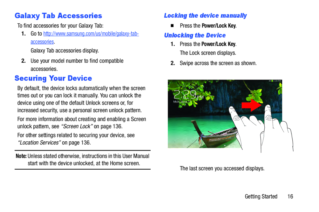 Samsung GT P5210ZWYXAR Galaxy Tab Accessories, Securing Your Device, Locking the device manually, Unlocking the Device 