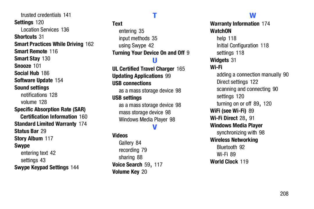 Samsung GT P5210ZWYXAR Sound settings, Swype Keypad Settings, Turning Your Device On and Off, USB connections, World Clock 