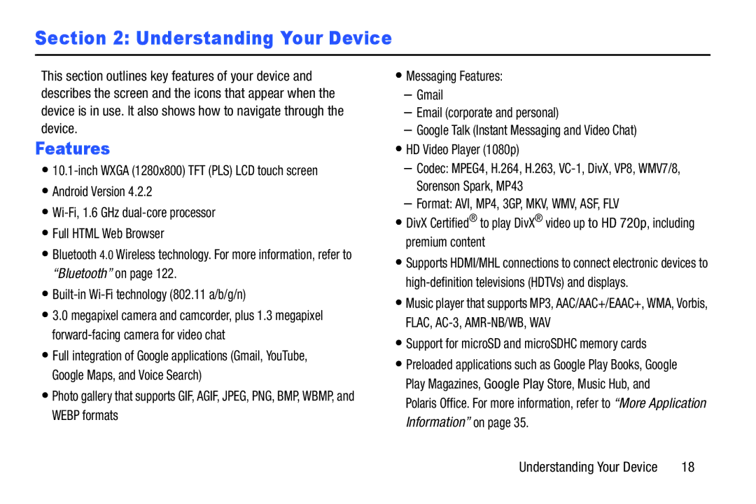 Samsung 3 10.1 Gold-Brown, GT-P5210 Understanding Your Device, Features, Support for microSD and microSDHC memory cards 