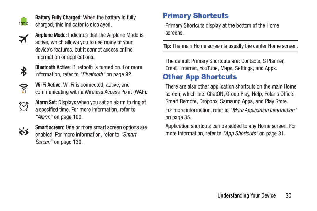 Samsung GT-P5210GNYXAR, GTP5210GNYXAR Other App Shortcuts, Primary Shortcuts display at the bottom of the Home screens 