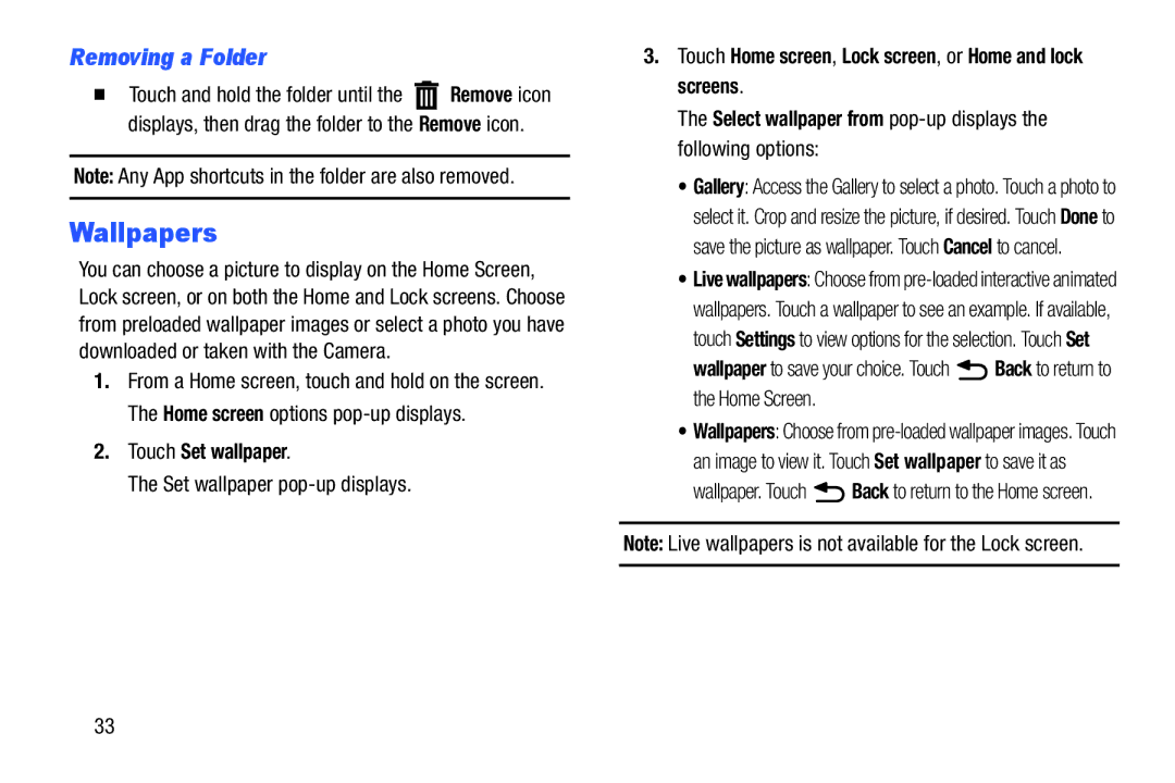 Samsung 3 10.1 White, SM T3100GNYXAR Wallpapers, Removing a Folder, Touch Set wallpaper, Set wallpaper pop-up displays 