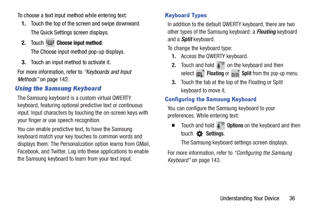 Samsung GTP5210GNYXAR, GTP5210ZWYXAR Using the Samsung Keyboard, Touch Choose input method, Keyboard Types, Touch Settings 