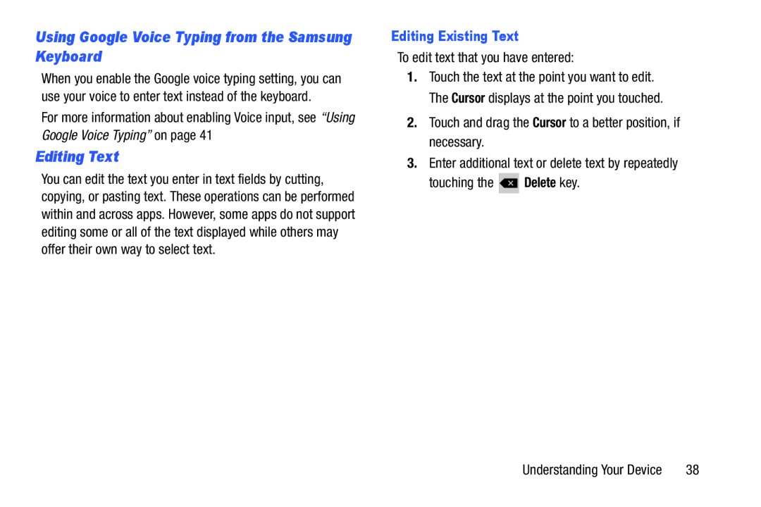 Samsung GT-P5210GNYXAR user manual Using Google Voice Typing from the Samsung Keyboard, Editing Text, Editing Existing Text 