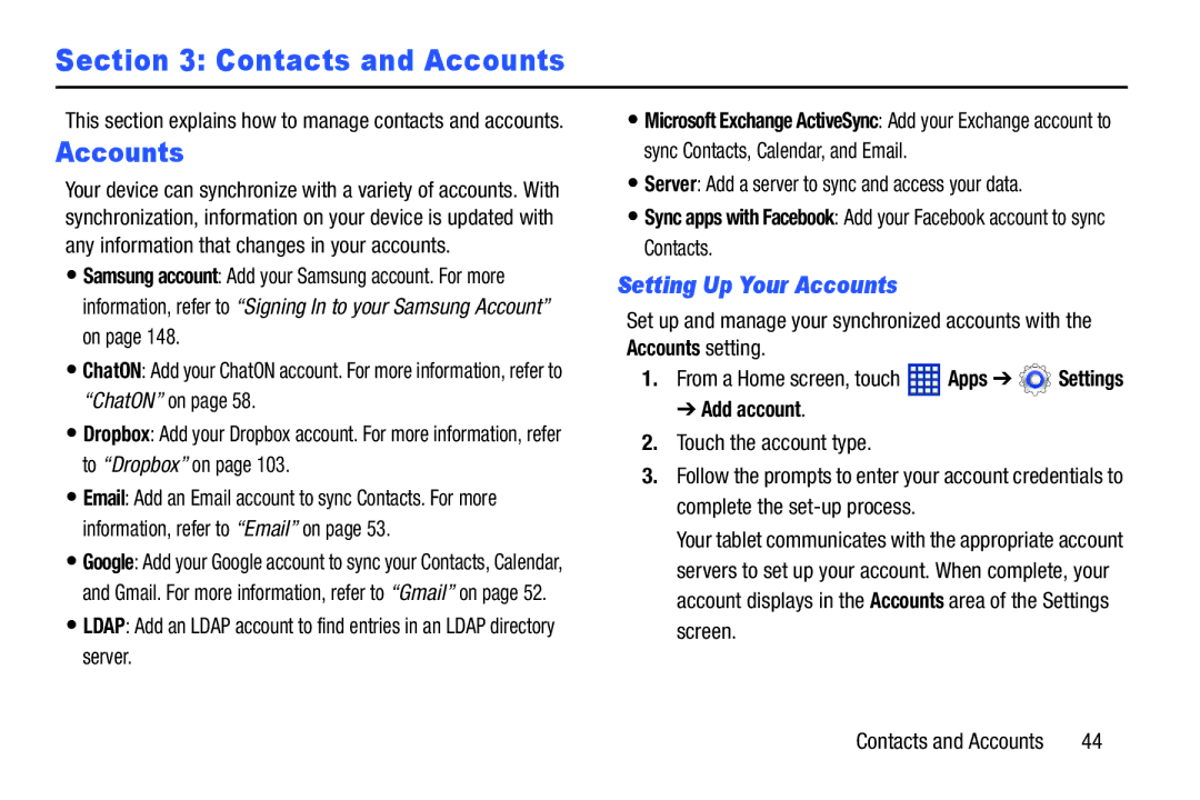 Samsung GTP5210GNYXAR Contacts and Accounts, Setting Up Your Accounts, Server Add a server to sync and access your data 