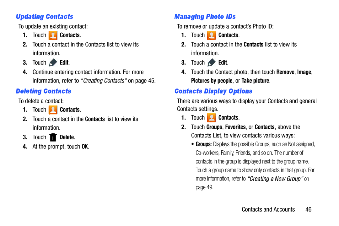 Samsung GT-P5210GNYXAR Updating Contacts, Deleting Contacts, Managing Photo IDs, Contacts Display Options, Touch Contacts 