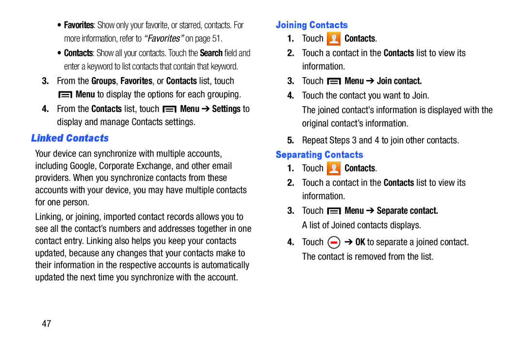 Samsung GT-P5210, SM T3100GNYXAR user manual Linked Contacts, Joining Contacts, Touch Menu Join contact, Separating Contacts 