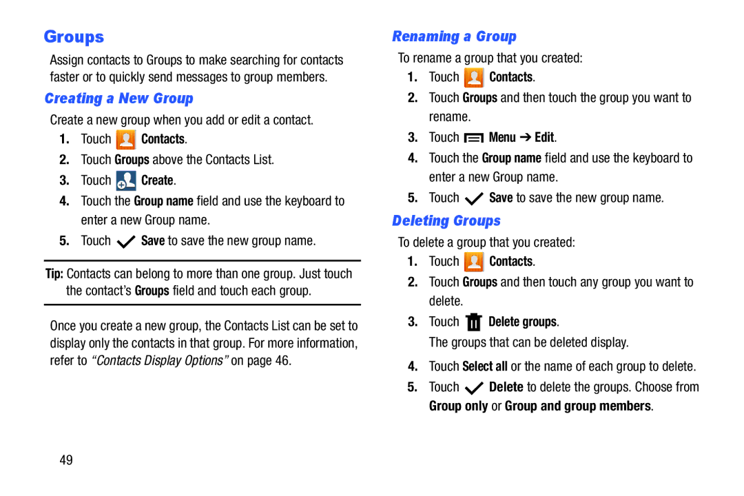 Samsung 3 10.1 White, SM T3100GNYXAR Creating a New Group, Renaming a Group, Deleting Groups, Touch Delete groups 