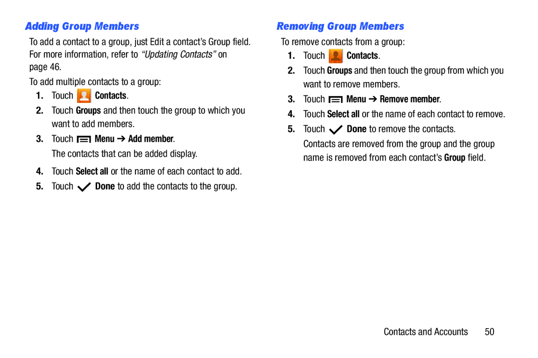 Samsung 3 10.1 Gold-Brown Adding Group Members, Removing Group Members, Touch Menu Add member, Touch Menu Remove member 