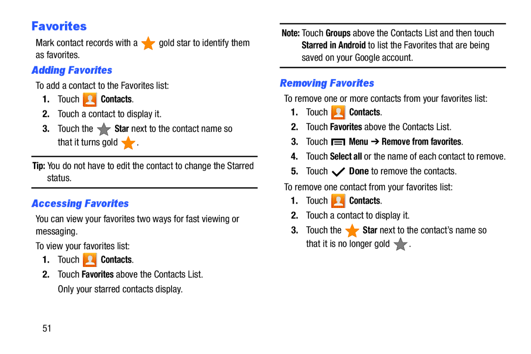 Samsung SM T3100GNYXAR Adding Favorites, Accessing Favorites, Removing Favorites, Touch Menu Remove from favorites 