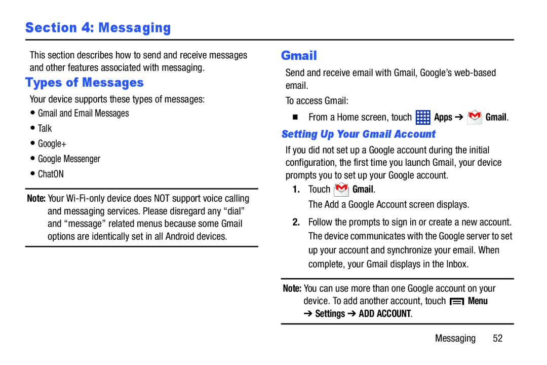 Samsung GTP5210GNYXAR, GTP5210ZWYXAR Messaging, Types of Messages, Setting Up Your Gmail Account, Settings ADD Account 