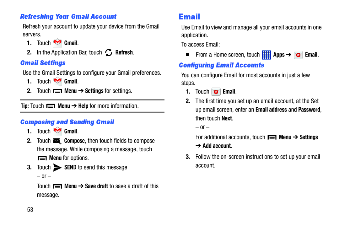 Samsung GTP5210ZWYXAR, SM T3100GNYXAR, GT-P5210 Refreshing Your Gmail Account, Gmail Settings, Composing and Sending Gmail 