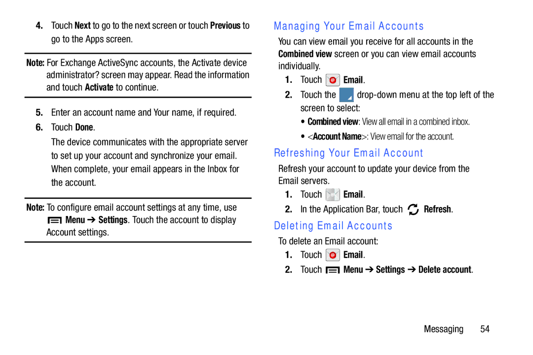 Samsung GT-P5210GNYXAR, GTP5210GNYXAR Managing Your Email Accounts, Refreshing Your Email Account, Deleting Email Accounts 