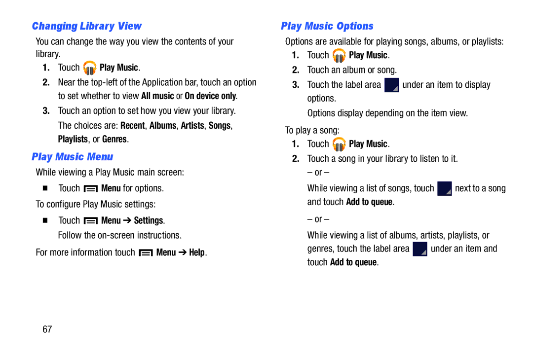 Samsung SM T3100GNYXAR Changing Library View, Play Music Menu, Play Music Options, Touch Play Music, Touch Add to queue 