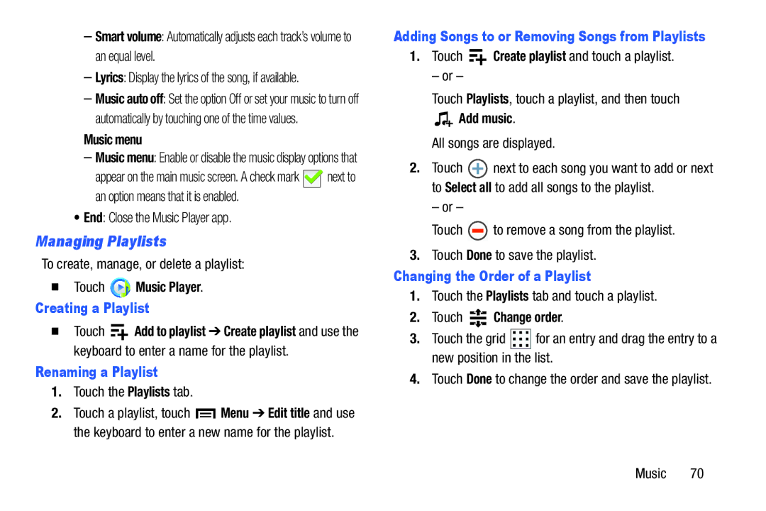 Samsung GT-P5210GNYXAR Managing Playlists, Creating a Playlist, Renaming a Playlist, Changing the Order of a Playlist 